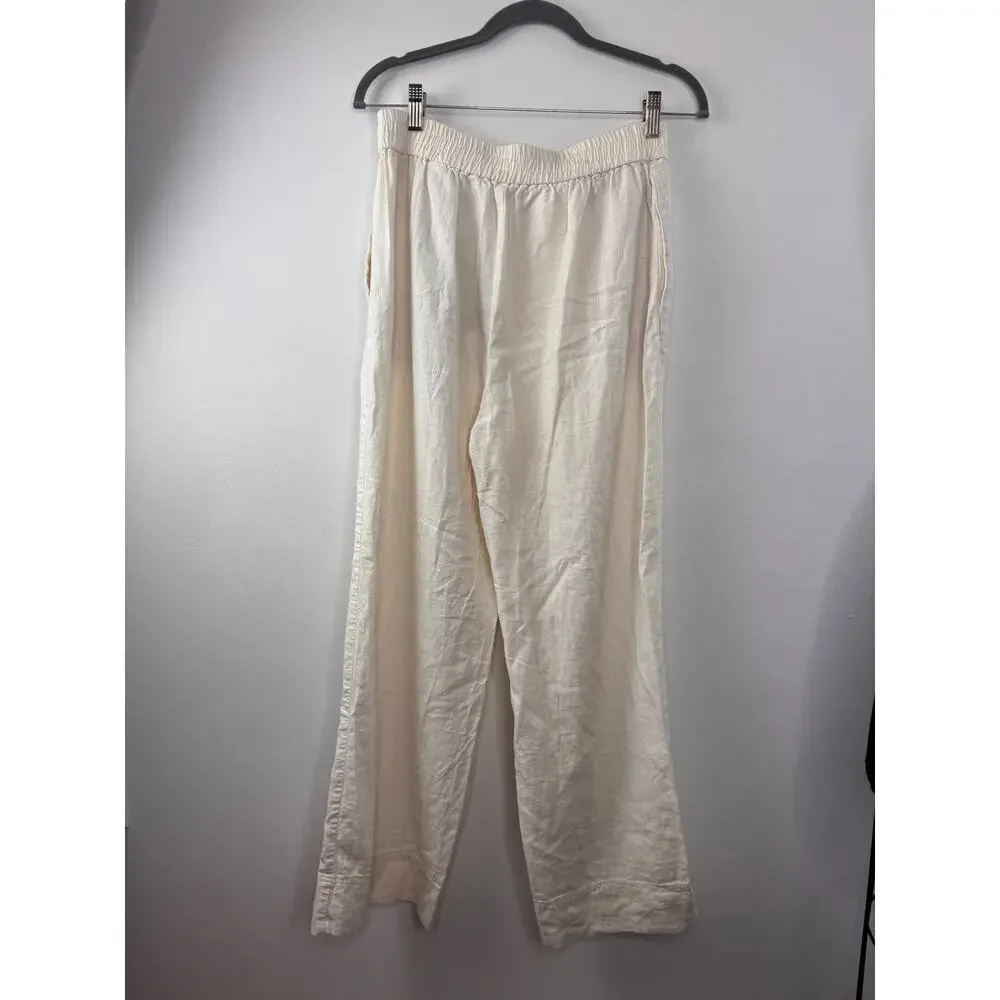 ZARA Ivory Linen Pants High-Rise Elastic Waistband Wide Leg 3505/939 Large L